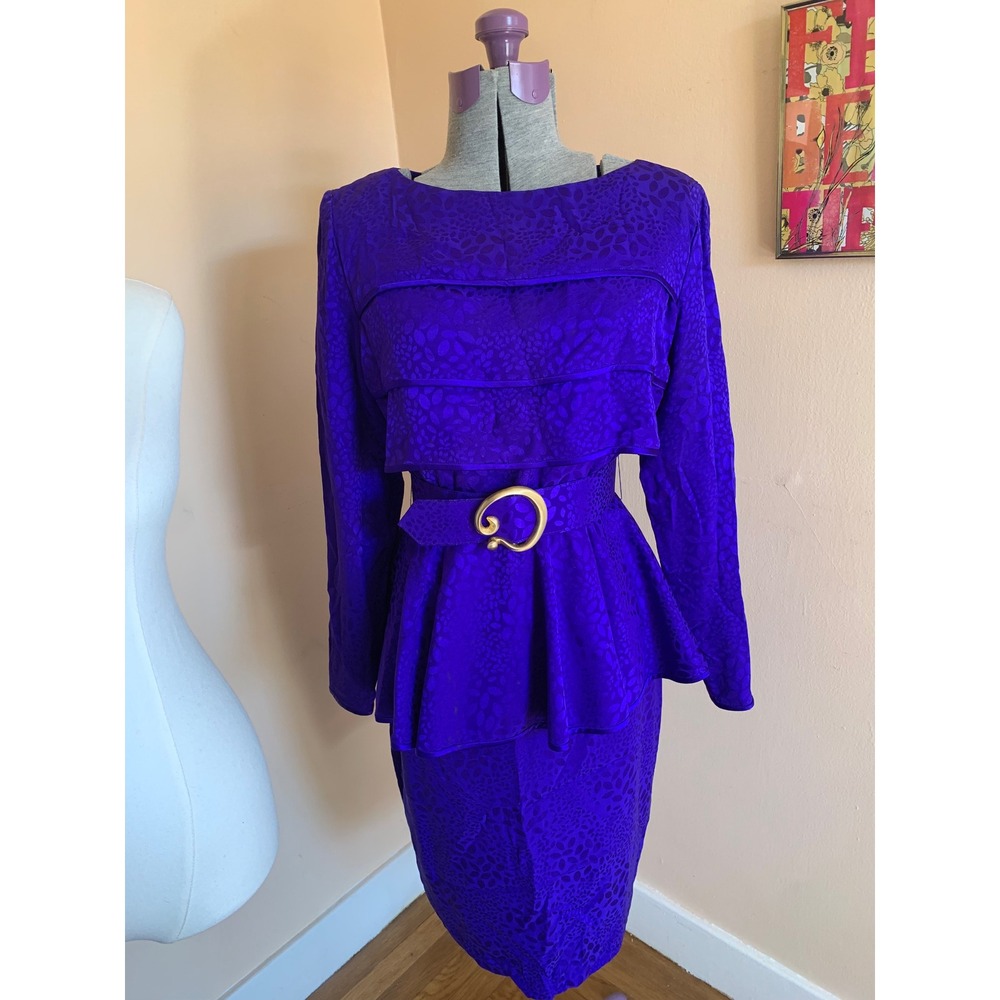 Gillian Vintage 80s Purple Silk Jacquard Peplum Dress Set Belted Size 4